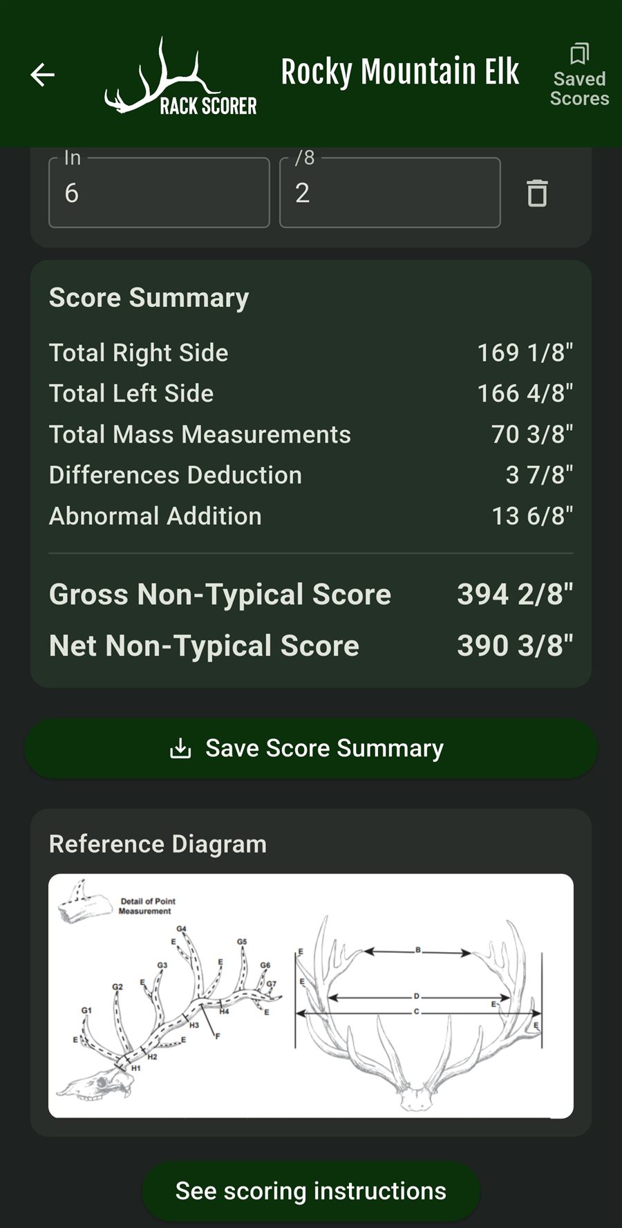 Rack Scorer on a phone: a scoring entry page with inch and eighths fields, a live score summary and a reference diagram