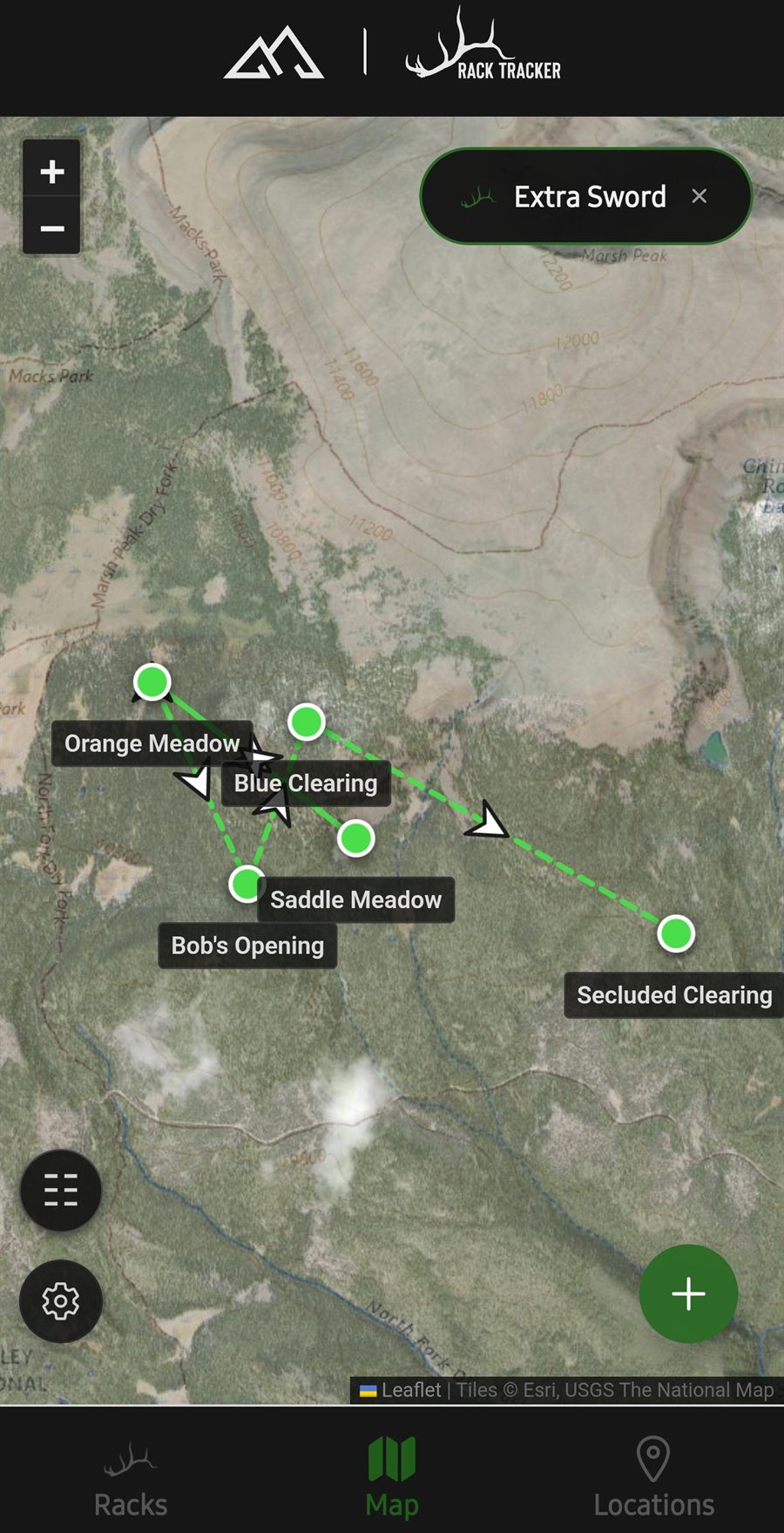 Rack Tracker on a phone: one rack's movement path drawn between its locations with directional arrows