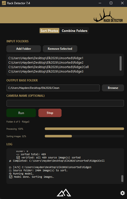 The Rack Detector window part way through a five-folder run, showing four input folders, a processing bar at 100 percent, a sorting bar at 32 percent, and a log line confirming all 489 source images were verified as sorted