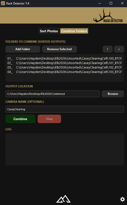 The Combine Folders tab of Rack Detector, listing four sorted card folders numbered 01 through 04 for a camera named CaseyClearing, with an output location and a Combine button